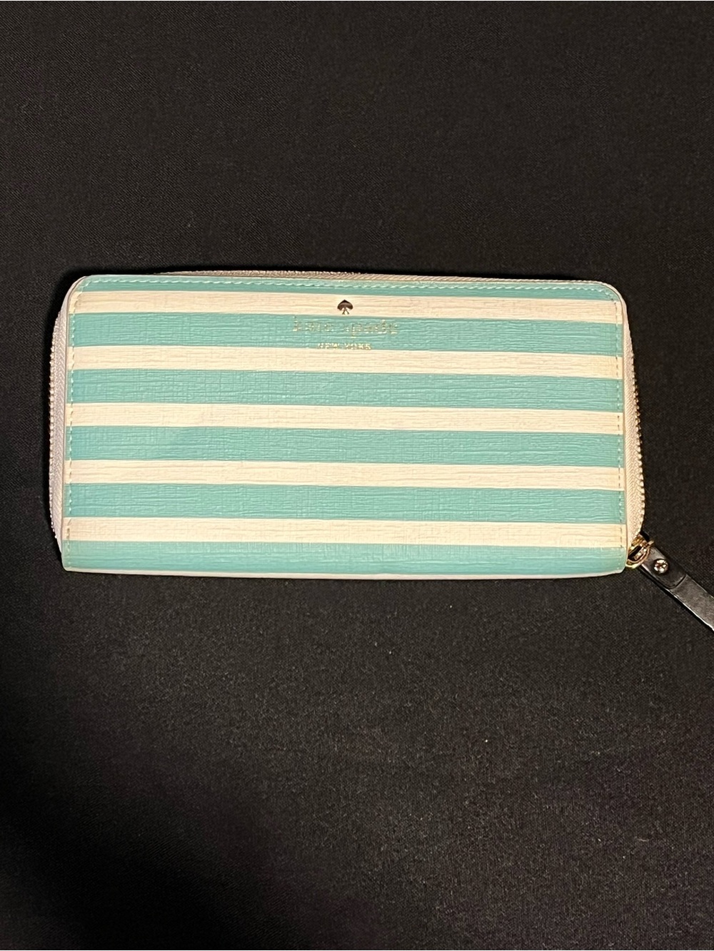 Kate Spade New York Aqua Blue White Striped Zip Around Wallet